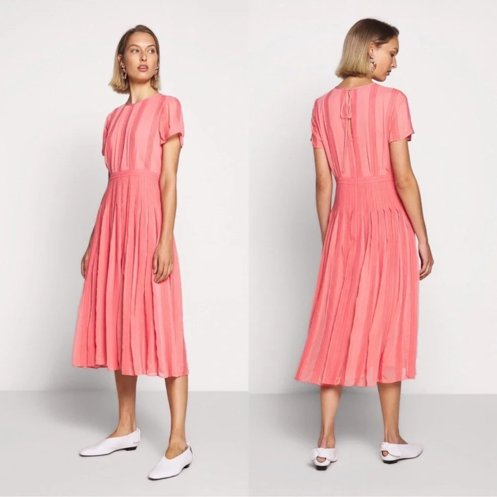 J. Crew Embroidered Flowy Chiffon Short Sleeve Pleated Skirt Midi Dress Pink 6